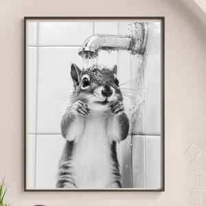 Può includere: Stampa incorniciata in bianco e nero di uno scoiattolo sotto la doccia. Lo scoiattolo è in piedi, con le zampe alzate, sotto un rubinetto cromato. Lo sfondo è piastrellato. Un'immagine umoristica di un animale.