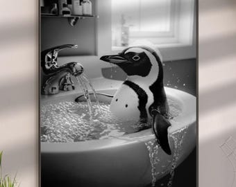 ペンギンのウォールアート、バスルームプリント、シンクに飾る面白いペンギン、ペンギン好きへのギフト、バスルームのウォールアート、新築祝い（デジタルダウンロード）#B4N82