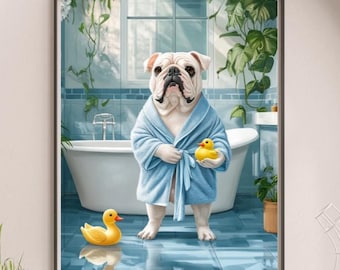 English Bulldog Printable Wall Art, Dog in Bathrobe, Bathroom Print, dog lovers gift, Blue Bath Decor, Bulldog Print, #BR194