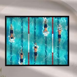 May include: A framed art print depicting a top-down view of a swimming pool with five swimmers. The water is a vibrant turquoise, with red and white lane markers. The swimmers are wearing dark blue swimsuits, and the artwork has a painterly style.