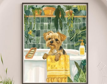 May include: A watercolour painting of a small brown and tan dog sitting in a white bath with a yellow towel. The dog is looking at the viewer. The bath is surrounded by green plants and a tiled wall.