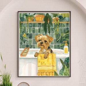 Yorkie in Bathtub Printable Wall Art | Yorkshire Terrier Taking a Bath in Tub | Bathroom Spa Botanical Art Print | Modern Home Décor #BR242