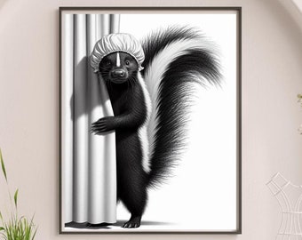 スカンクのバスルームウォールアート、シャワーカーテンから覗くスカンク、森の動物のバスルームアートプリント | 面白いスカンクのウォールアート、ユーモア #X555