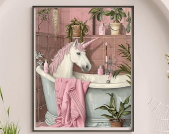 May include: A white unicorn with a pink mane and tail is taking a bath in a white bathtub with pink trim. The bathtub is surrounded by plants and pink bottles. The image is in a pink and white bathroom.