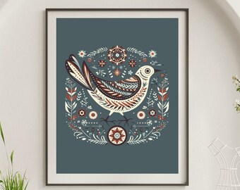 Scandinavian Folk Art, Nordic Bird and Flowers, Scandinavian