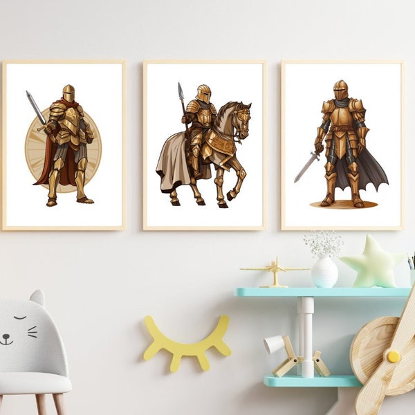 Medieval Knights in Armor, Set of 3 Wall Prints, Playroom, Bedroom, Nursery Decor , Fantasy Kingdom Horse