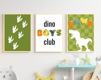 T-Rex Dinosaur Nursery Wall Art, Dinosaur Decor for Playroom, Set of 3 Prints, Dino Boys Club, Dino Prints for Boys Nursery