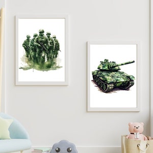 Fun and Playful Boys' Room Wall Art - Green Army Men and Tank Decor for Playrooms, Game Rooms, and Military Enthusiasts housewarming #N53