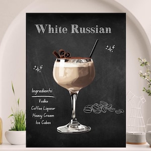 Póster de cóctel de carrito de bar, arte mural de bebida mixta rusa blanca, letrero de alcohol, impresión para decoración de cocina, regalo de inauguración de la casa, regalo de bebida exclusiva n.° 38
