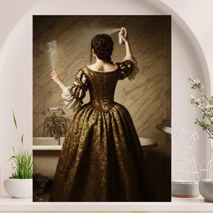Stinky Bathroom wall art, Vintage Victorian Woman print Decor, Lady Spraying Deodorizer, Guest bath kids poster, housewarming gift  #C129