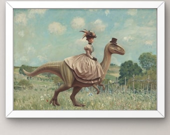 Victorian Lady Riding Dinosaur Print - Home Decor, Nursery,  Office Wall Art - Digital Download Retro Woman Art Print, Dino Wall Decor #H63
