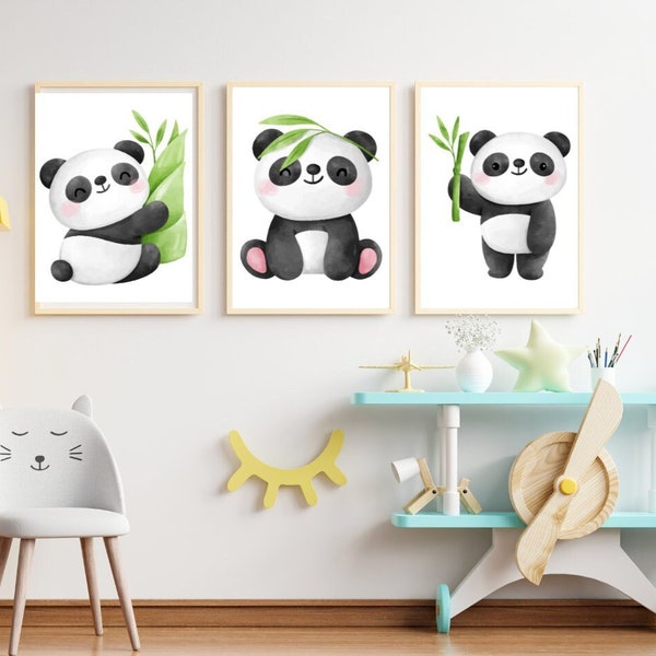 Panda Bear Bamboo Nursery Decor:  3 Wall Art Prints for a Gender-Neutral Baby's Room Girl's & Boy"s Playroom - Baby Animal Prints