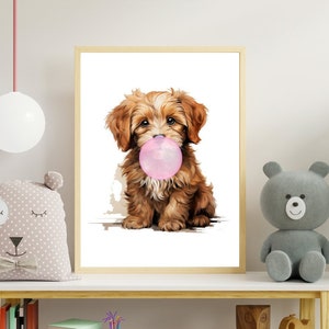 Blowing Bubble Gum, Puppy Dog , Whimsical Wall Art, Nursery Décor, Digital Download, Bubblegum Playroom, unique housewarming gift, #N43