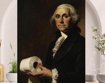 George Washington Bathroom Wall Art, President Holding Toilet Paper, Oil Painting Parody, Guest Bath Kids Décor, housewarming gift #X237
