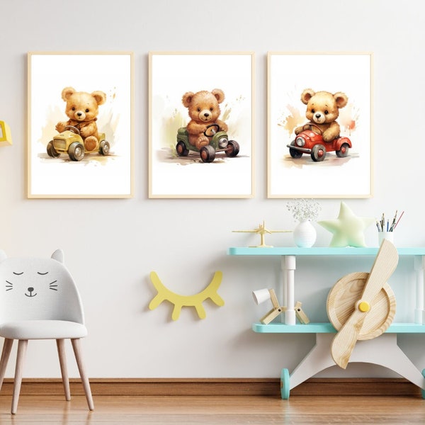 Nursery Wall Decor Race Car Prints Playroom Wall Art Baby Bear Decor for Boys Room Wall Art Racing Prints Bear Wall Art Nursery Gift for Mom