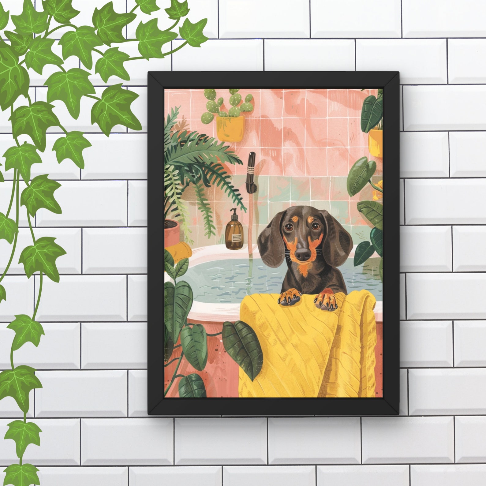 Dachshund Dog in Bathtub Printable Wall Art, Weenie Dog Taking a Bath ...