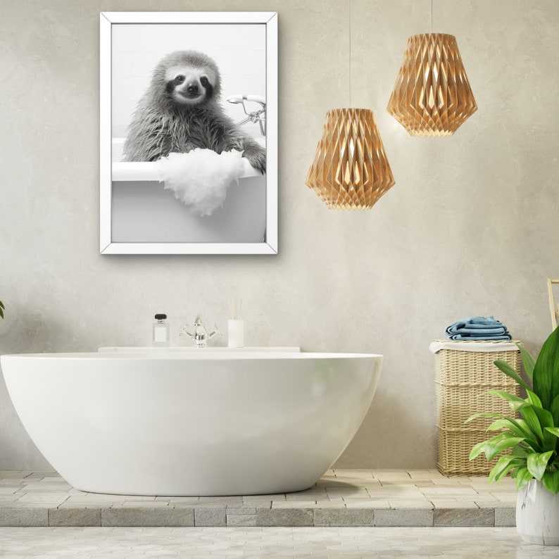 Sloth Taking a Bath in Tub Bathroom Wall Art, Sloth Relaxing in Bathtub