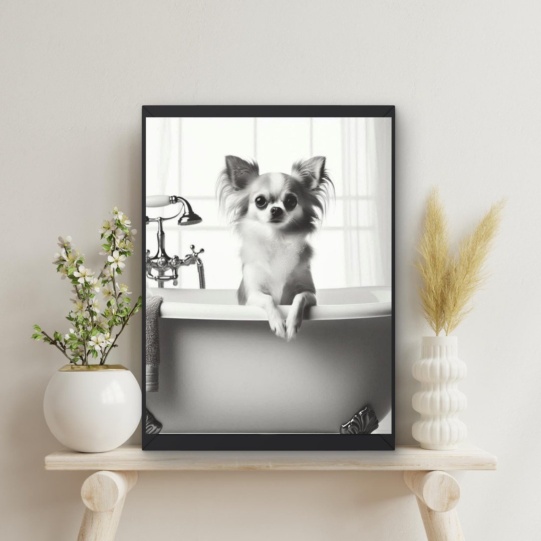 Chihuahua Dog in Tub Printable Wall Art, Dog Taking a Bath in Tub ...