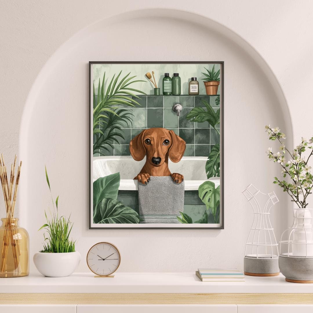 Dachshund Dog in Bathtub Printable Wall Art, Weenie Dog Bathroom Print ...