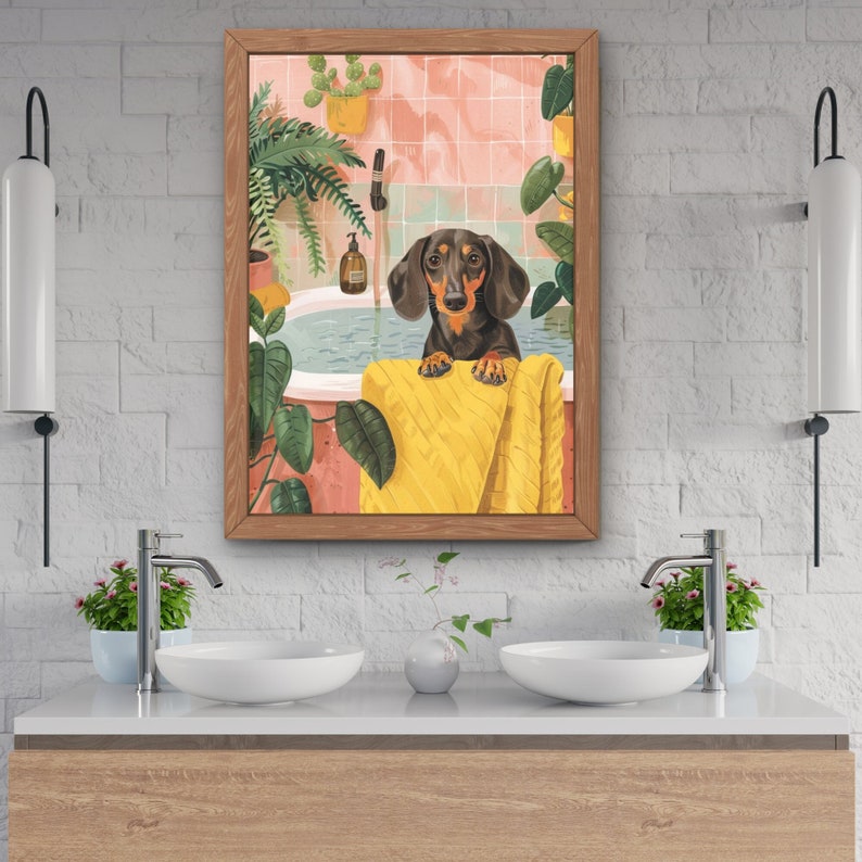 Dachshund Dog in Bathtub Printable Wall Art, Weenie Dog Taking a Bath ...
