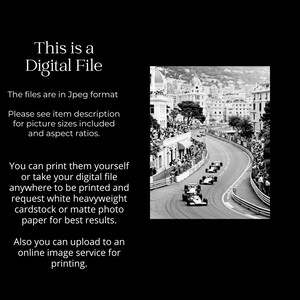 Puede incluir: Archivo digital en blanco y negro que muestra una carrera de F&oacute;rmula 1 en una pista sinuosa a trav&eacute;s de una ciudad. La imagen incluye el texto "This is a Digital File".