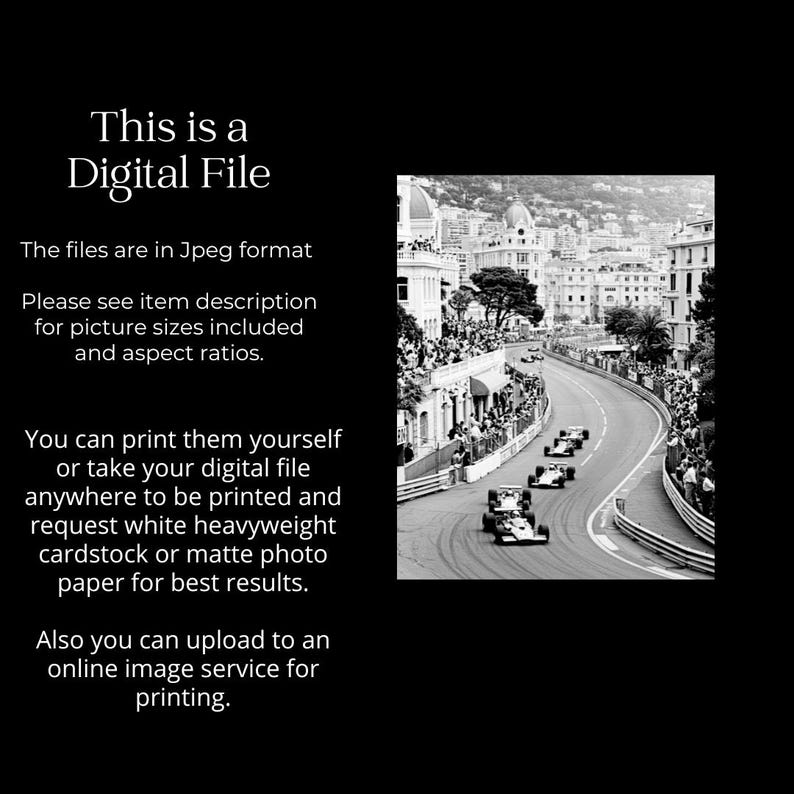 Puede incluir: Archivo digital en blanco y negro que muestra una carrera de F&oacute;rmula 1 en una pista sinuosa a trav&eacute;s de una ciudad. La imagen incluye el texto "This is a Digital File".