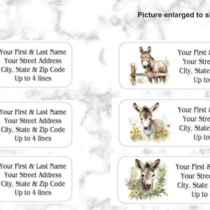 May include: Six white rectangular labels with donkey illustrations. Each label has space for a name, address, city, state, zip code, and up to four lines of text.