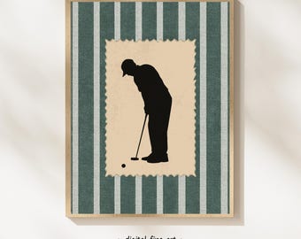 Vintage stempel, golfprint: cadeau sportfan, gestreept groen en wit, kunst aan de muur puttende golfer, putterdecor, golfbaan, golfen #S91Q24