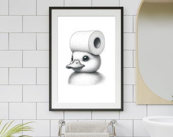bathroom art, cute duckling baby duck, toilet paper on head, bathroom wall art, kids art, bathroom decor, bathroom wall decor, #C87