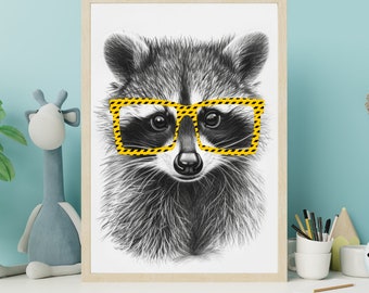 Funny Raccoon in Glasses Print, Racoon Nursery Decor Wall Art