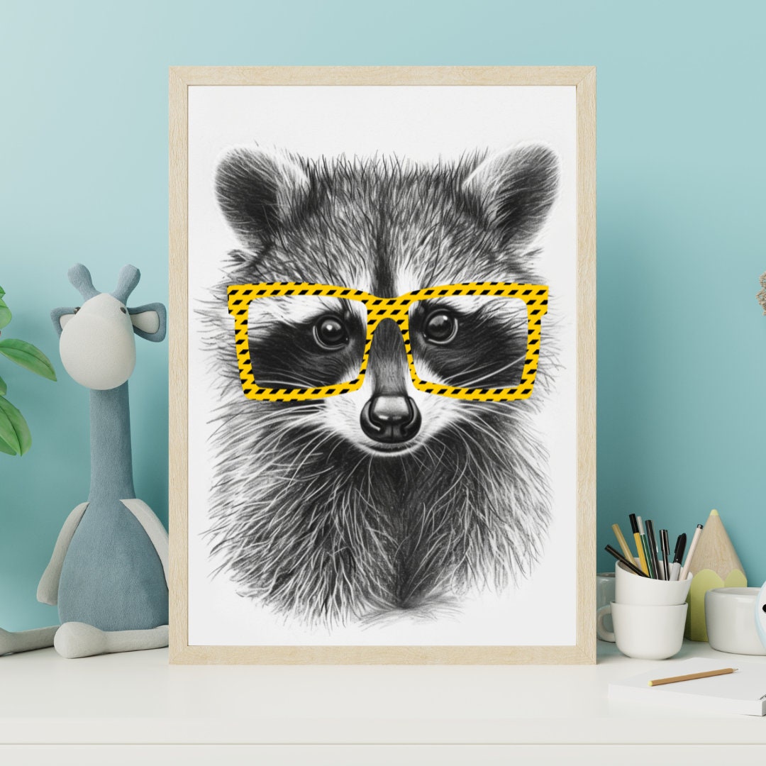 Funny Raccoon in Glasses Print, Racoon Nursery Decor Wall Art