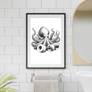 bathroom art, octopus, toilet paper on tentacles, kids wall decor, coastal beach house decor, ocean life theme, nautical wall print #X296