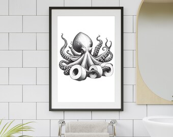 octopus wall art, bathroom print, kids wall decor, coastal beach house decor, ocean life theme, nautical wall print #X296
