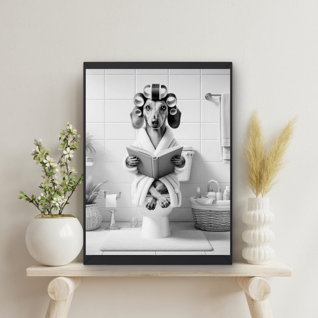 Funny Dachshund Bathroom Art Print: Weenie Dog Reading on Toilet ...