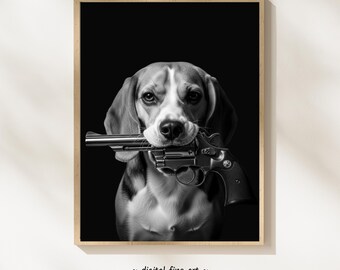 Beagle-hond met geweerprint, digitale print, stedelijke hond afdrukbare gangsterposter, revolver pistool kunst aan de muur, 2e amendement, #G1MV1TQ