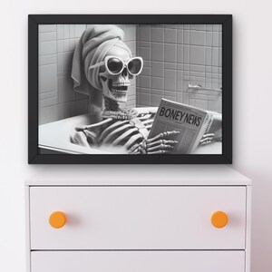 Prissy Skeleton in Tub Bathroom Wall Art, Skelly Taking a Bath reading newspaper, Guest bath decor, Halloween housewarming gift #AA1141