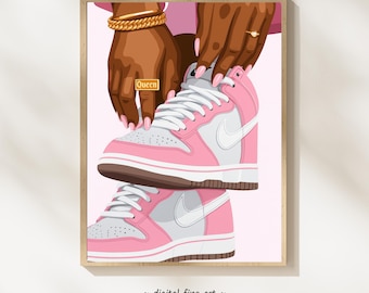 Arte imprimible de zapatillas de mujer negra, estampado de zapatillas de moda, arte estético rosa, arte de pared con melanina, decoración para chica negra, descarga digital #PL33Y