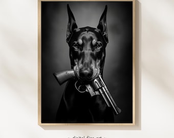 Dobermann hond met geweer print, digitale print, stedelijke hond afdrukbare gangster poster, revolver pistool kunst aan de muur, dobie, dobermann pinscher, #GXV1TQ