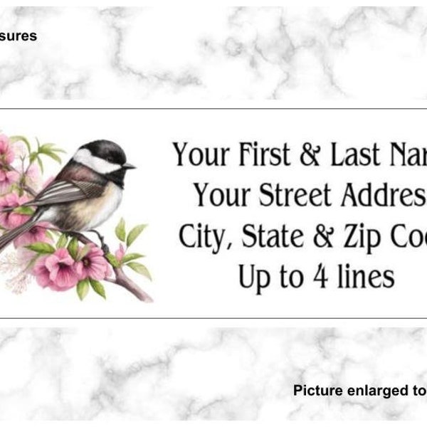 Chickadee Bird Pink Flowers  Return Mailing Address Labels Personalized up to 4 lines  1 x 2 5/8 set of 150 Floral Labels, Bird Stickers