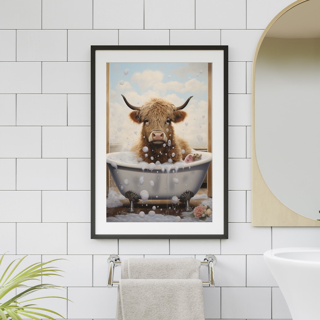 Highland Cow in Bathtub Printable Wall Art | Highland Cow Taking a Bath ...