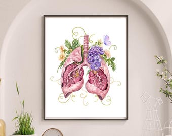 Anatomy Print, Floral Lungs Watercolor Decor: Botanical Anatomy Art, Gift for Doctor, Nurse, Respiratory Therapist (Digital Download) #AT76