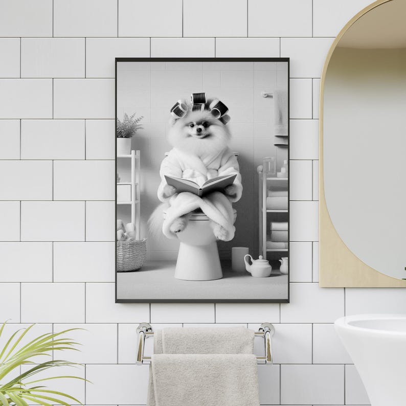 Pomeranian Dog in Bathroom Wall Art, Dog on Toilet Reading Book