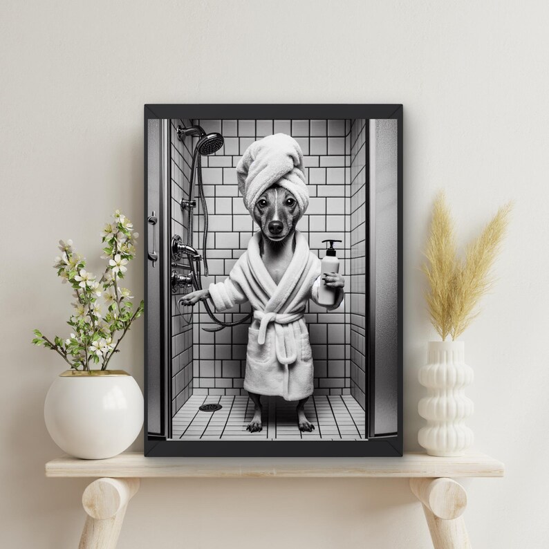 Rat Terrier Dog Bathroom Wall Art, Rat Terrier in Bathrobe and Shower