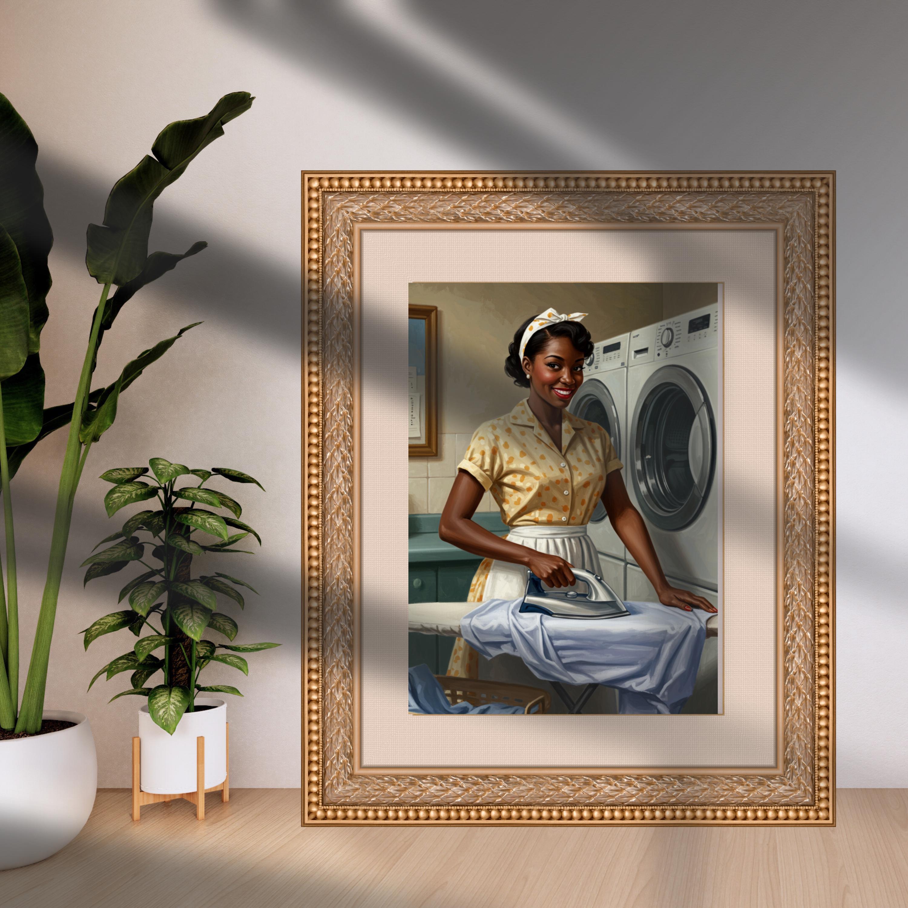 1950年代の洗濯日アートプリント：黒人女性の主婦、ミッドセンチュリー