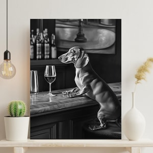 Póster de perro salchicha con alcohol, impresión de alcohol, decoración de carrito de bar, amante del vino, regalo para perros, perro salchicha, perro salchicha sentado en el bar, n.° AL2