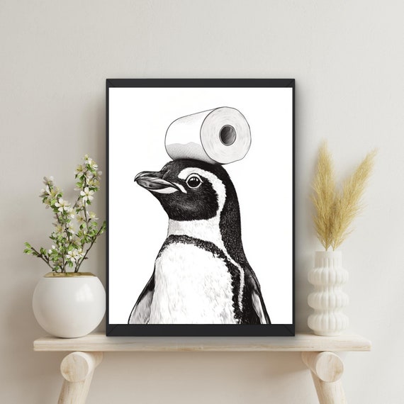 Quadro Con Pinguino Nella Vasca – Decorazione Da Parete Per Bagno – Bianco E Nero – 28x35,6 Cm