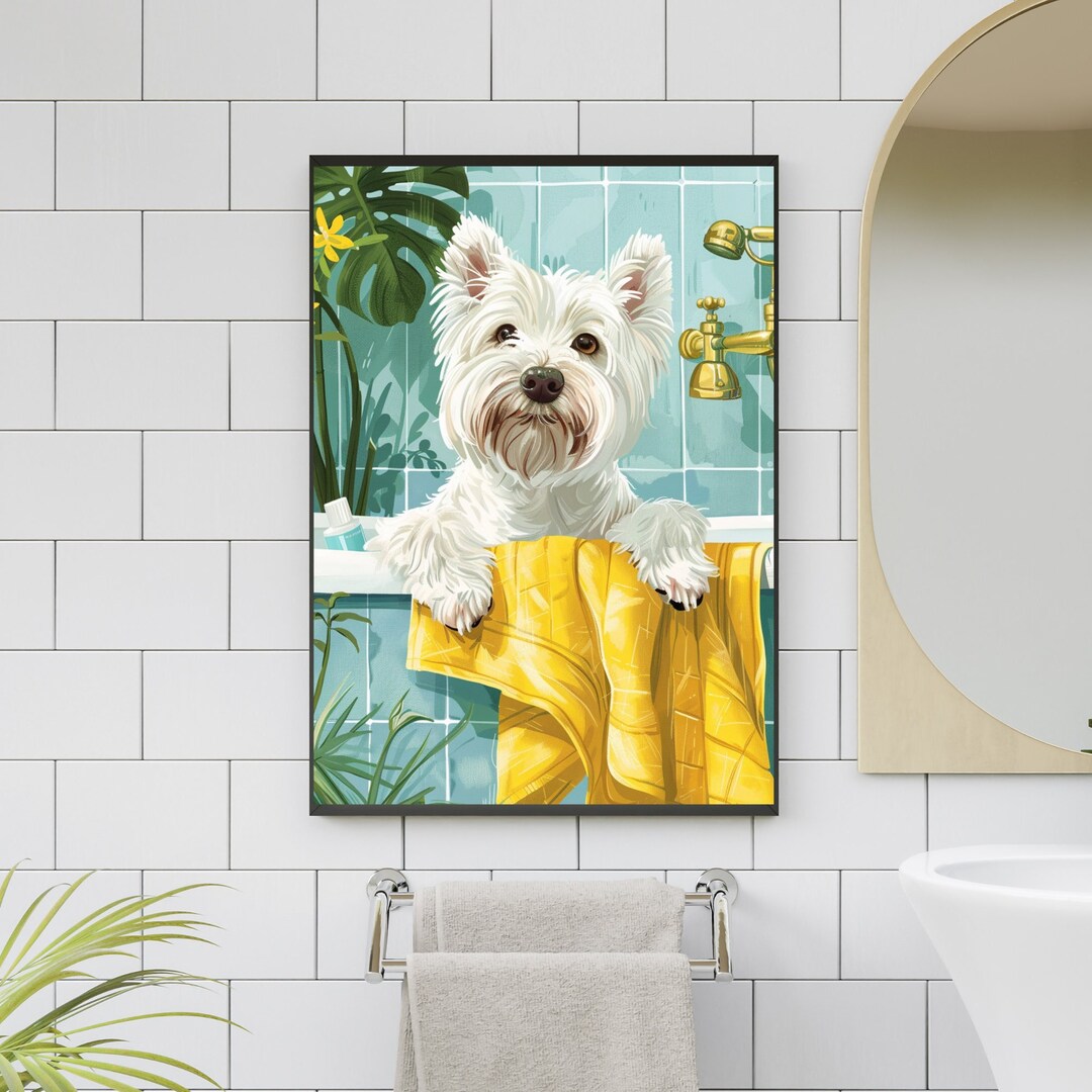 Westie Dog in Bathtub Printable Wall Art, West Highland Terrier Taking ...