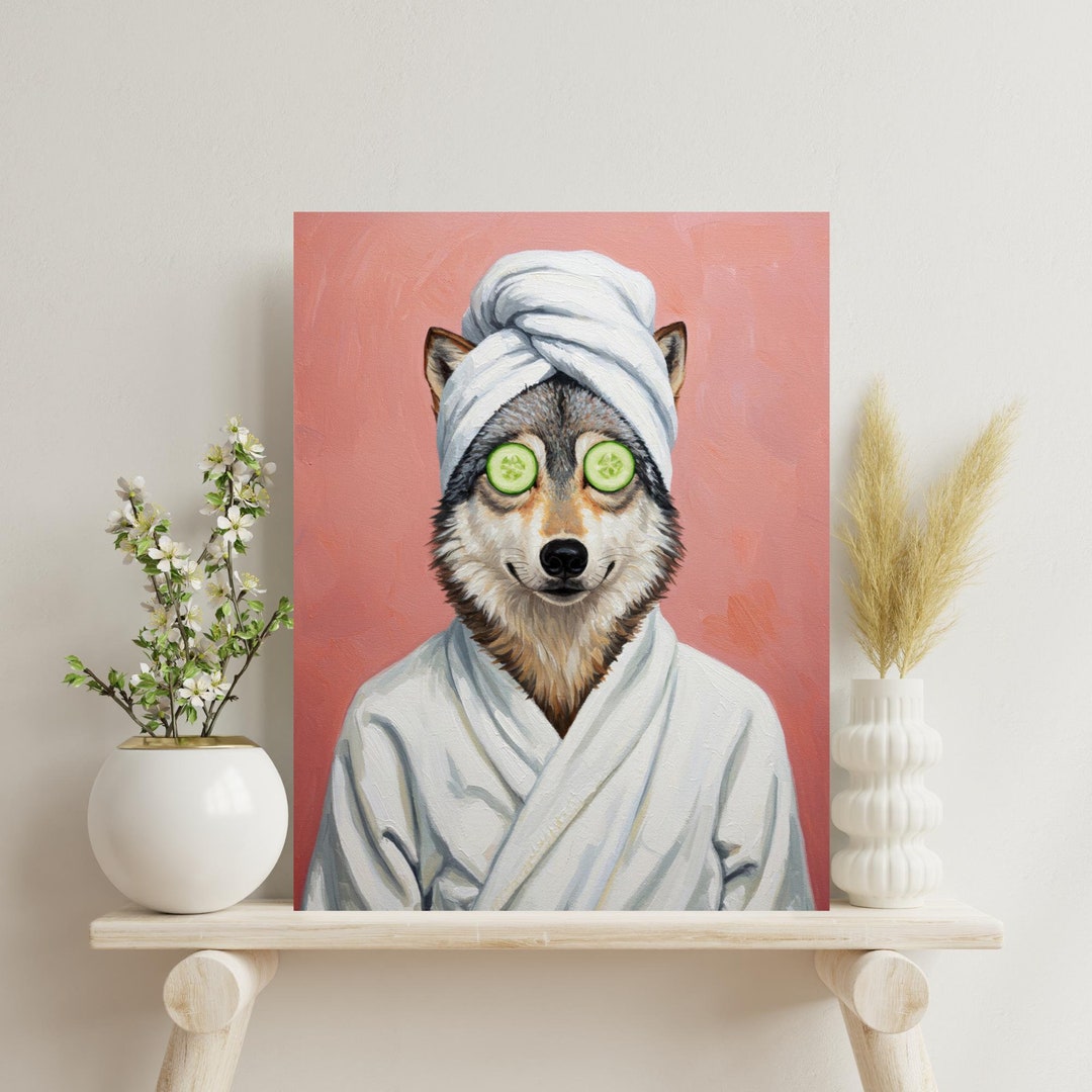 Wolves Bath Wolf Bathroom Spa Wall Art, Wolf in Bathrobe Print, Woodland Animal ...