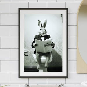 Rabbit on Toilet Printable Wall Art, Bunny Reading Newspaper Bathroom Print, Funny Animal Pooping Poster, guest bath kids decor #AA1143