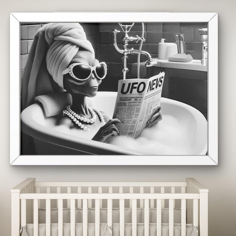 May include: A black and white photo of an alien in a bathtub reading a newspaper titled "UFO NEWS". The alien is wearing sunglasses and a towel on their head.